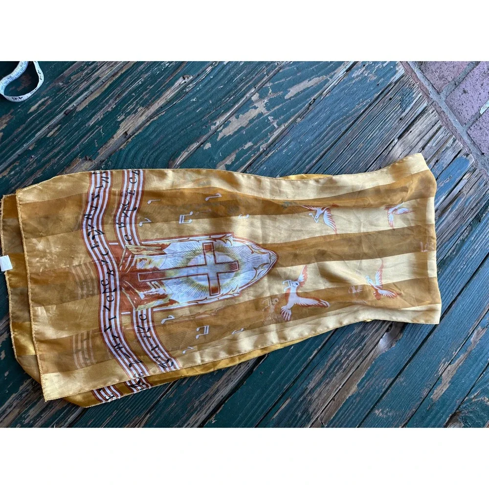 Vintage Religious Gold Sheer Scarf Doves Cross Musical Notes Oblong Korea